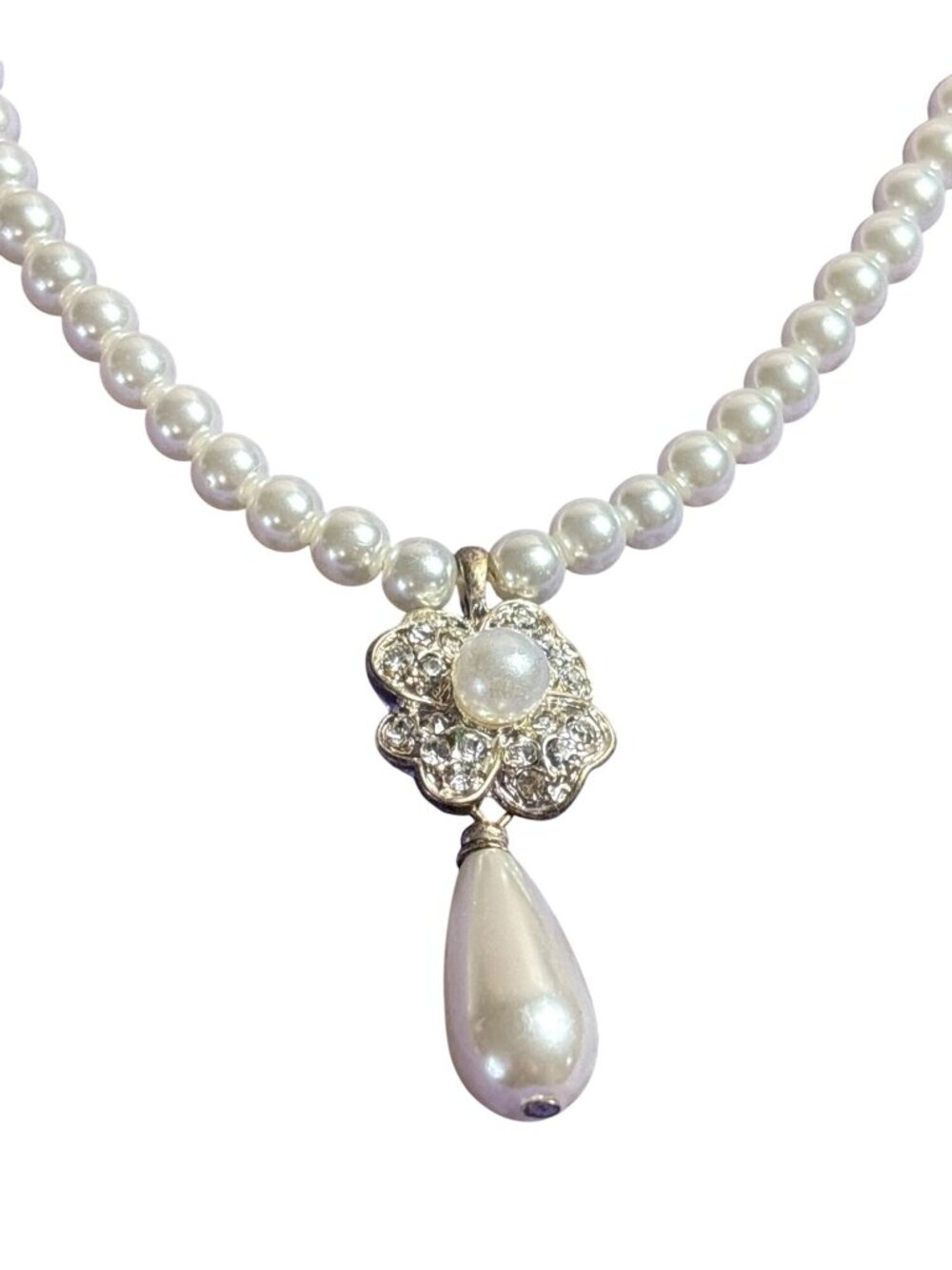 Plastic Faux Pearl Beaded Necklace Clear Rhinestone Pave Flower Pendant Drop